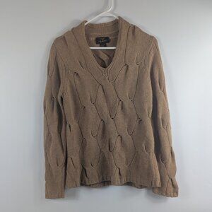 Cozy V-Neck Cable Knit Sweater - Tan 100% Cashmere